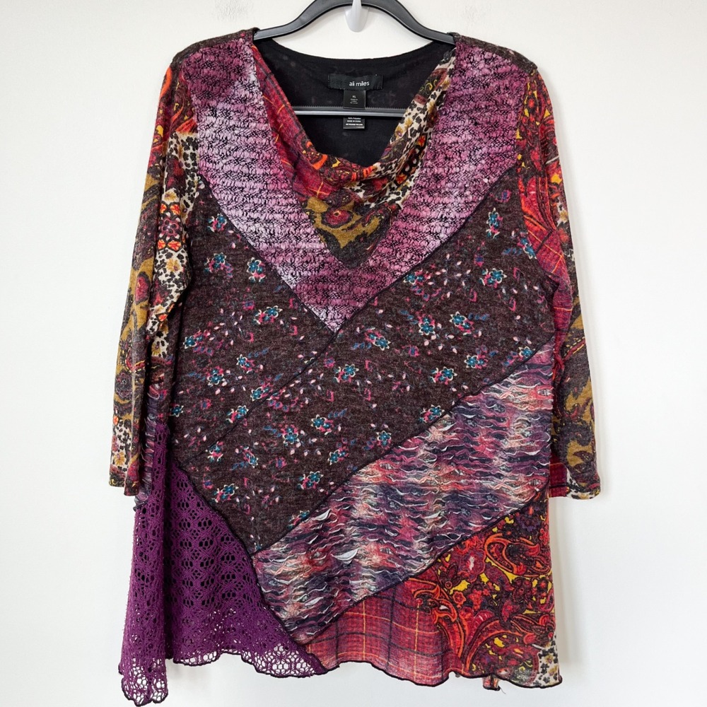 Ali Miles Mixed Media‎ Lace Patch Knit Tunic Top Cowl Neck 3/4 Sleeves XL